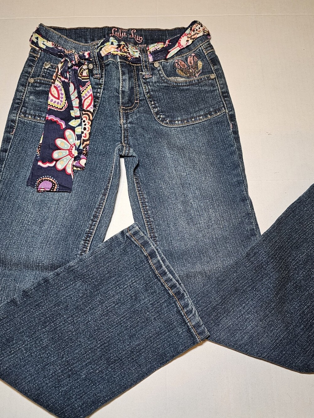 Lulu Luv Girls Denim Jeans Blue Size 7 Paisley Belt Embroidered Accents